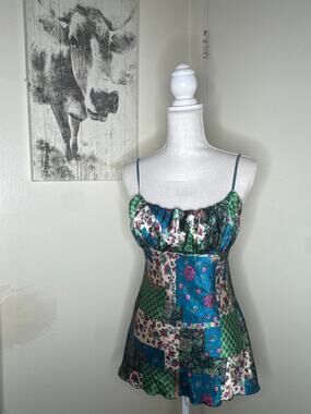 Vintage Y2K Meghan Noland Floral Patchwork Boho Satin Cami Sz M Fairy Grunge